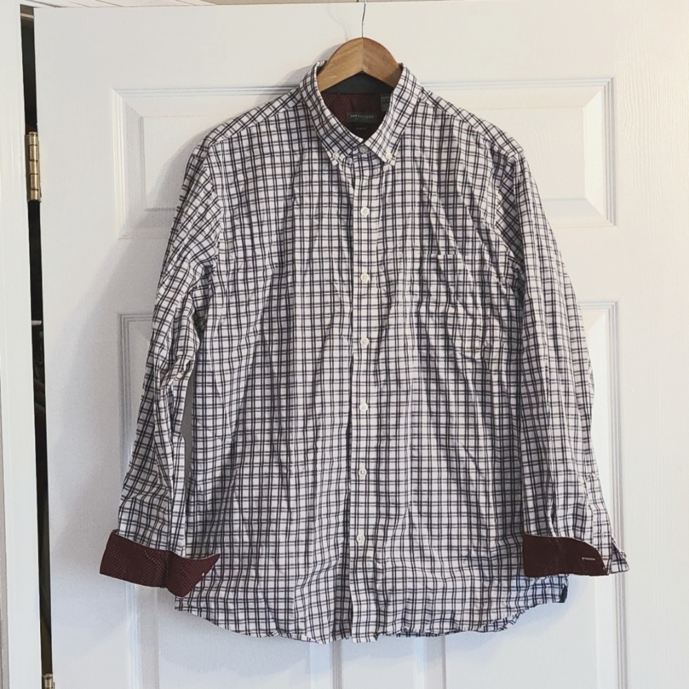 Van Heusen Maroon, navy plaid dress shirt, Slim Fit